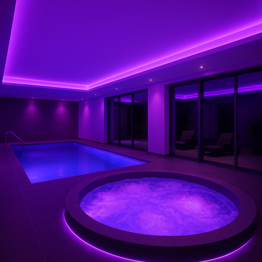 Pisicine dintrieur avec un jacuzzi et des belles lumires violettes