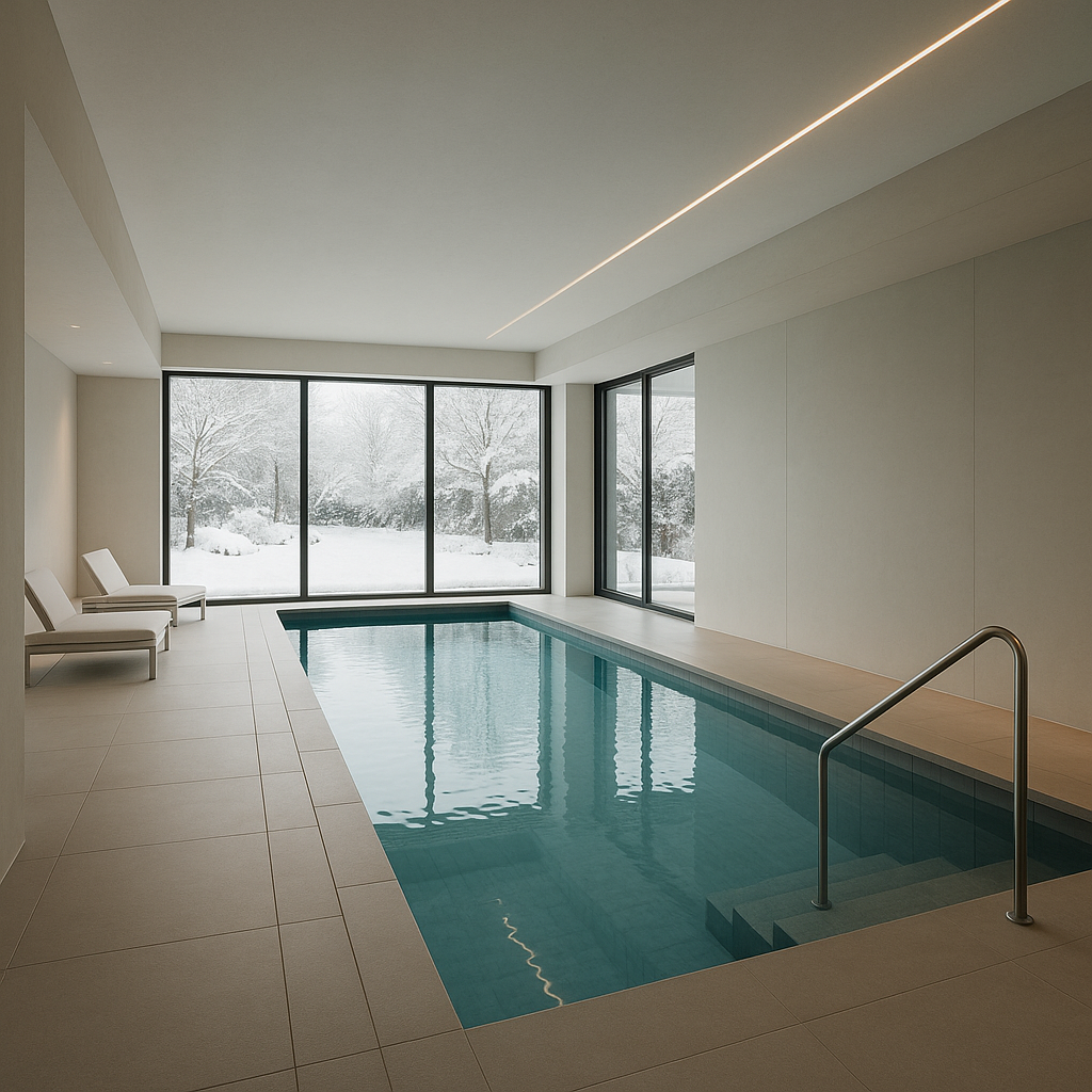 Piscine d'intérieur élégante et minimaliste intégrée dans un espace résidentiel, illustrant parfaitement les possibilités d'installation pendant la saison hivernale